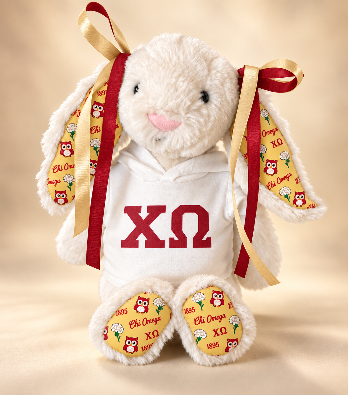 Custom Jellycat-style plushie in Chi Omega colors