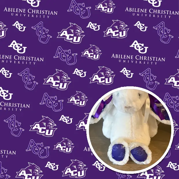 Custom Abilene Christian fabric sheet, with the plush a customer made from it