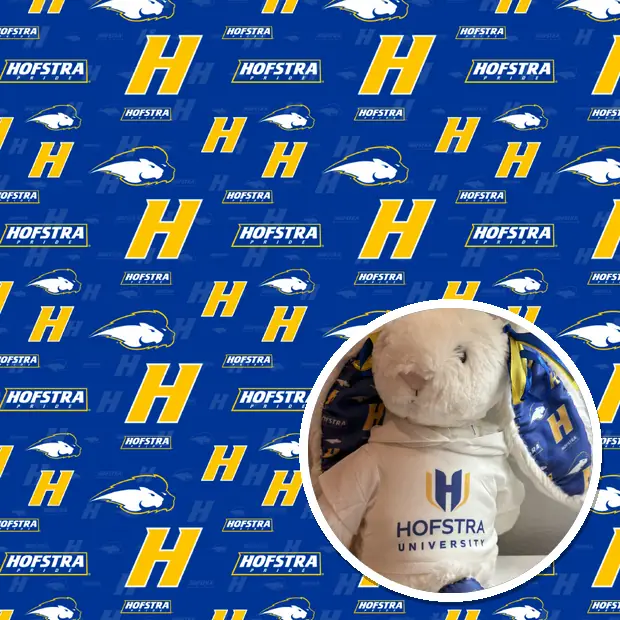 Custom Hofstra fabric sheet, with the plush a customer made from it