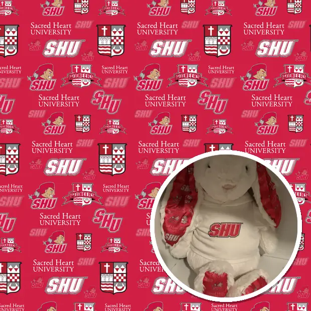 Plush made from the custom Sacred Heart University fabric sheet