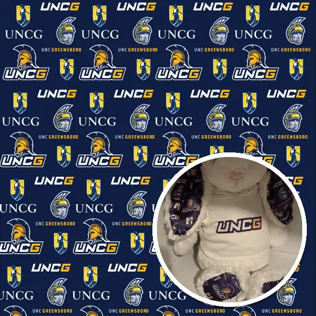 Custom UNC Greensboro fabric sheet, with the plush a customer made from it